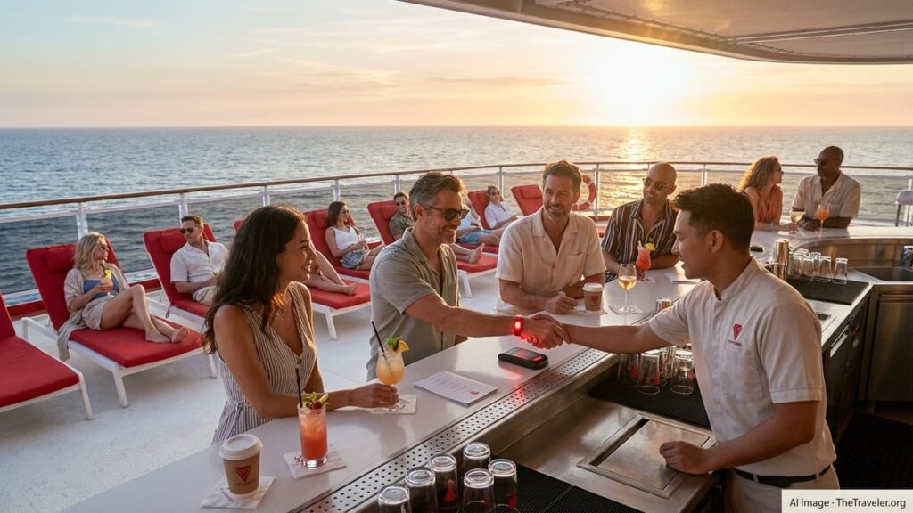 A vibrant cocktail menu at a Virgin Voyages bar showing typical drink costs and the essential free beverage inclusions