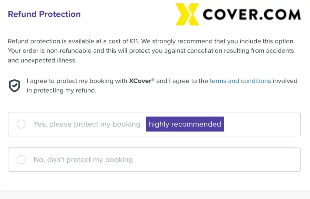 A booking checkout screen showing an optional XCover refund protection service for £11 to protect against cancellations due to accidents or illness.
