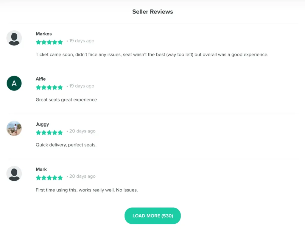 A screenshot of customer feedback and seller reviews for ticket purchasing on the Ticombo platform, showing five-star ratings and positive user experiences.
