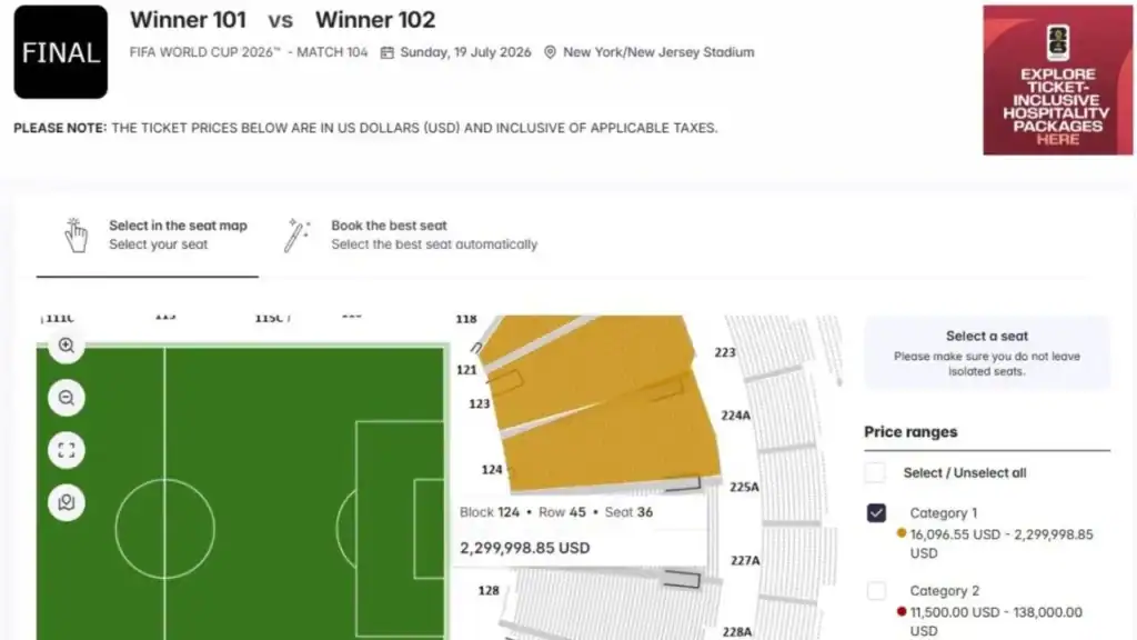 FIFA World Cup 2026 ticket booking interface showing stadium seat map and price ranges.