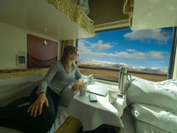 A woman looking out of a train window at a vast landscape of golden fields and snow-capped mountains under a blue sky.