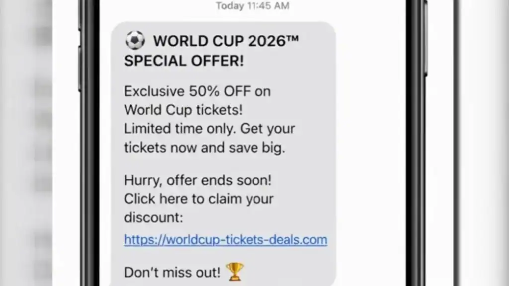 Screenshot of a fake FIFA World Cup 2026 ticket scam text message.