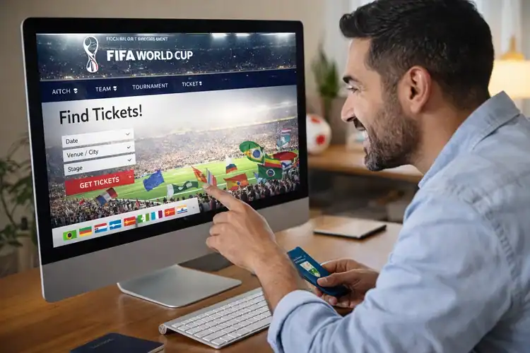 Man booking FIFA World Cup 2026 tickets online on a computer.