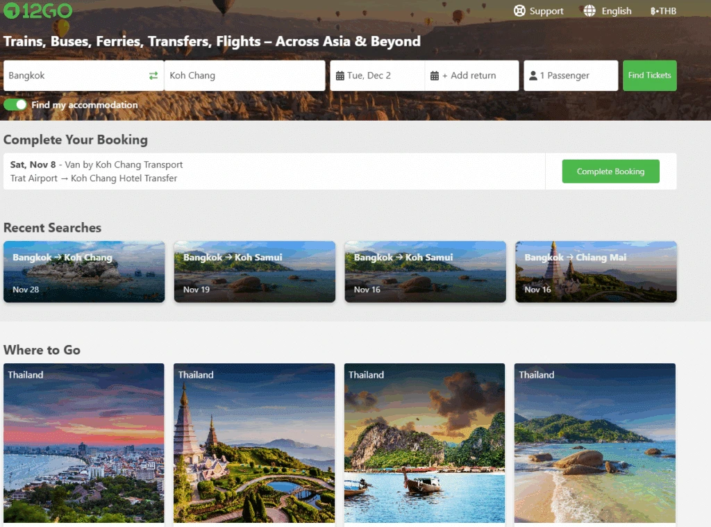 A screenshot of the 12Go Asia homepage featuring a travel search bar for trains, buses, and ferries, along with a section displaying recent user searches and popular travel destinations across Thailand.