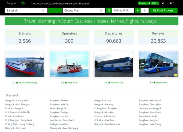 A travel website interface for planning trips across Southeast Asia, showing booking options for buses, ferries, and trains with operator ratings.