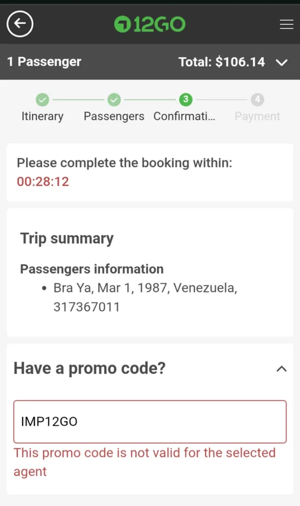 A mobile checkout screen from 12Go Asia showing passenger details, a countdown timer for booking completion, and an invalid promo code notification for the code IMP12GO.