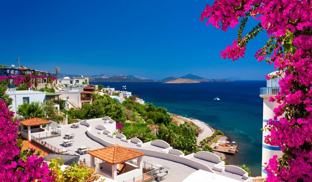 A stunning view of the Mediterranean coast, featuring white buildings, deep blue sea, and bright pink bougainvillea flowers in the foreground