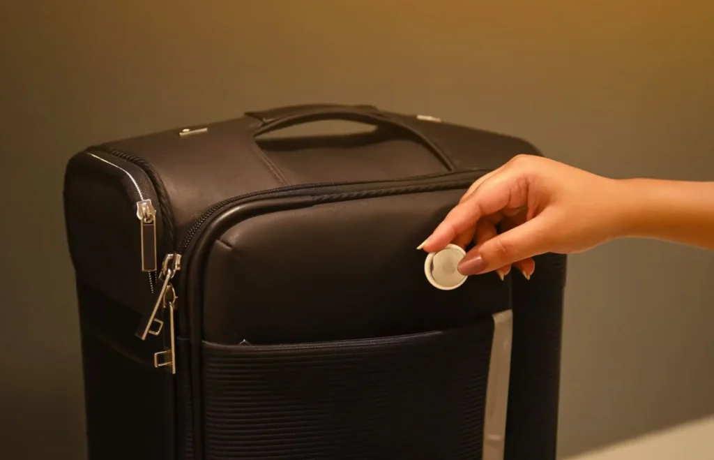 An Apple AirTag in a tan leather holder attached to a black luggage tag, resting on a maroon hardshell suitcase for easy tracking.