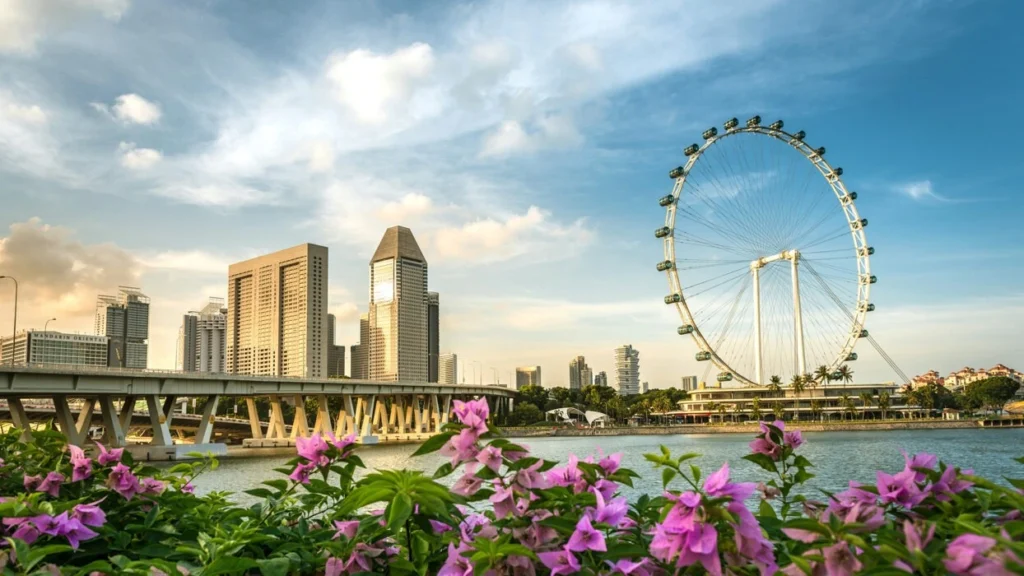 The Singapore Flyer observation wheel towers over the city skyline and a bridge, framed by vibrant pink flowers in the foreground.
