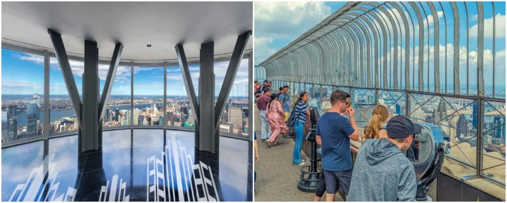 A split image showing the indoor 102nd-floor observatory with floor-to-ceiling windows on the left and the outdoor 86th-floor open-air deck on the right.