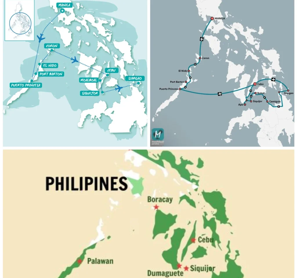 A composite image of three maps of the Philippines illustrating travel routes and key destinations including Manila, Palawan, Boracay, and Cebu.