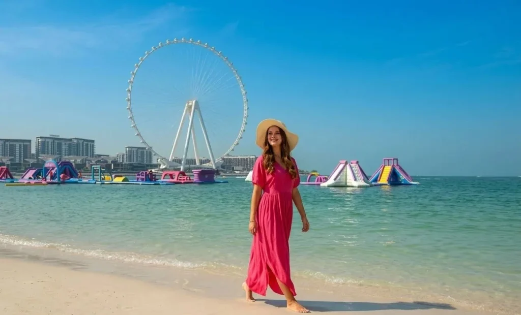 A woman in a pink dress and sun hat walking along a sandy beach in Dubai, with the Ain Dubai ferris wheel and water park in the background.