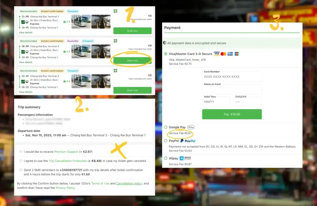 A step-by-step visual guide for booking tickets on 12Go Asia, illustrating the selection of a trip, entering passenger information, and choosing from various secure payment methods like credit cards, Google Pay, and PayPal.