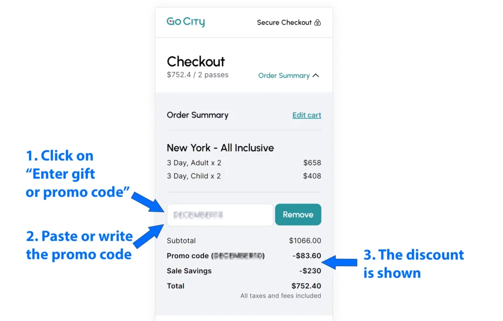 An instructional diagram for the Go City checkout page showing three steps: click the promo code box, enter the code, and view the applied discount.