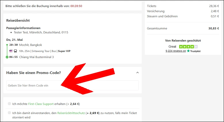 A screenshot of the 12Go Asia checkout page in German, featuring a prominently highlighted field with a red arrow where users can enter a promo code, alongside a trip summary and price breakdown