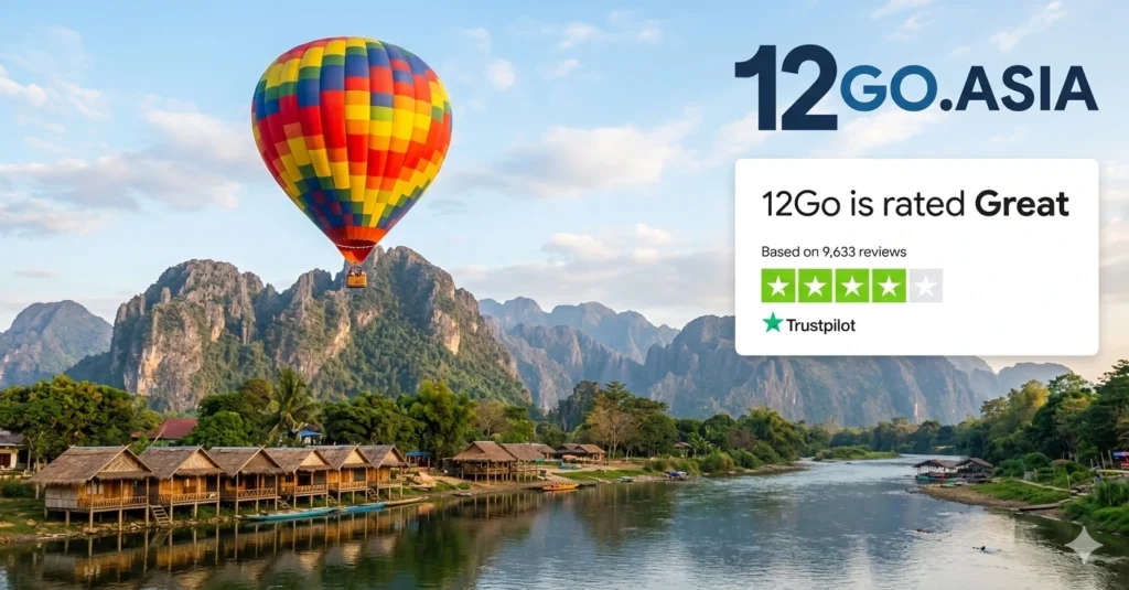 A scenic view of a river and mountains with a hot air balloon, featuring a 12Go.asia Trustpilot rating box showing a 'Great' score from 9,633 reviews.