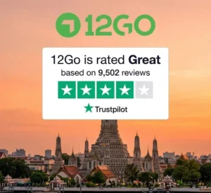 A scenic sunset view of Wat Arun in Bangkok with a 12Go Trustpilot rating box showing a 'Great' score based on 9,502 reviews.