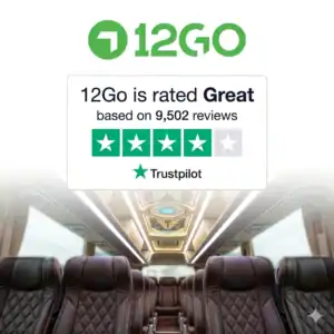 A promotional image featuring the 12Go logo and a "Great" Trustpilot rating based on 9,502 reviews, set against the interior of a luxury bus with comfortable leather seating.