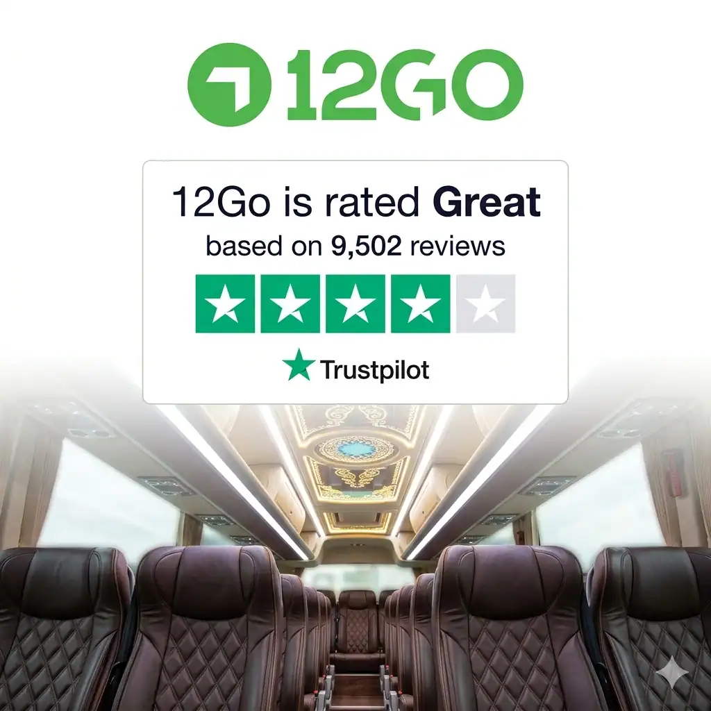 A promotional image featuring the 12Go logo and a "Great" Trustpilot rating based on 9,502 reviews, set against the interior of a luxury bus with comfortable leather seating.