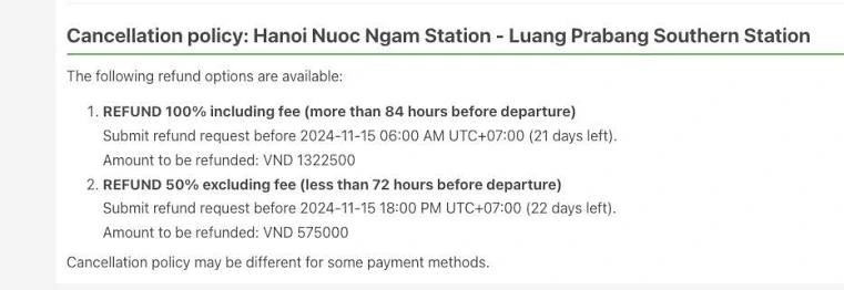 A text display outlining refund options for the Hanoi Nuoc Ngam to Luang Prabang route, showing 100% and 50% refund tiers based on timing.