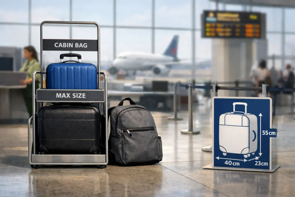An airport cabin bag size sizer showing maximum dimensions of 55x40x23cm, with luggage and a backpack placed nearby in an airport terminal.