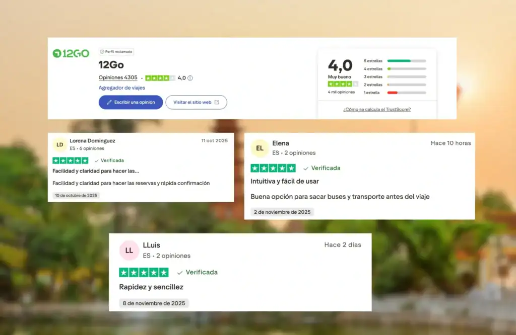 A screenshot showcasing 12Go on Trustpilot with a 4.0-star rating, alongside several positive, verified customer reviews praising the platform's ease of use and speed for booking travel and transportation.