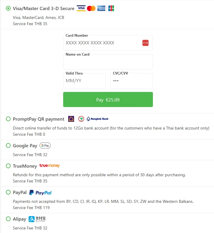 A web checkout page showing various payment methods like credit cards, PromptPay, Google Pay, TrueMoney, PayPal, and Alipay with service fees.
