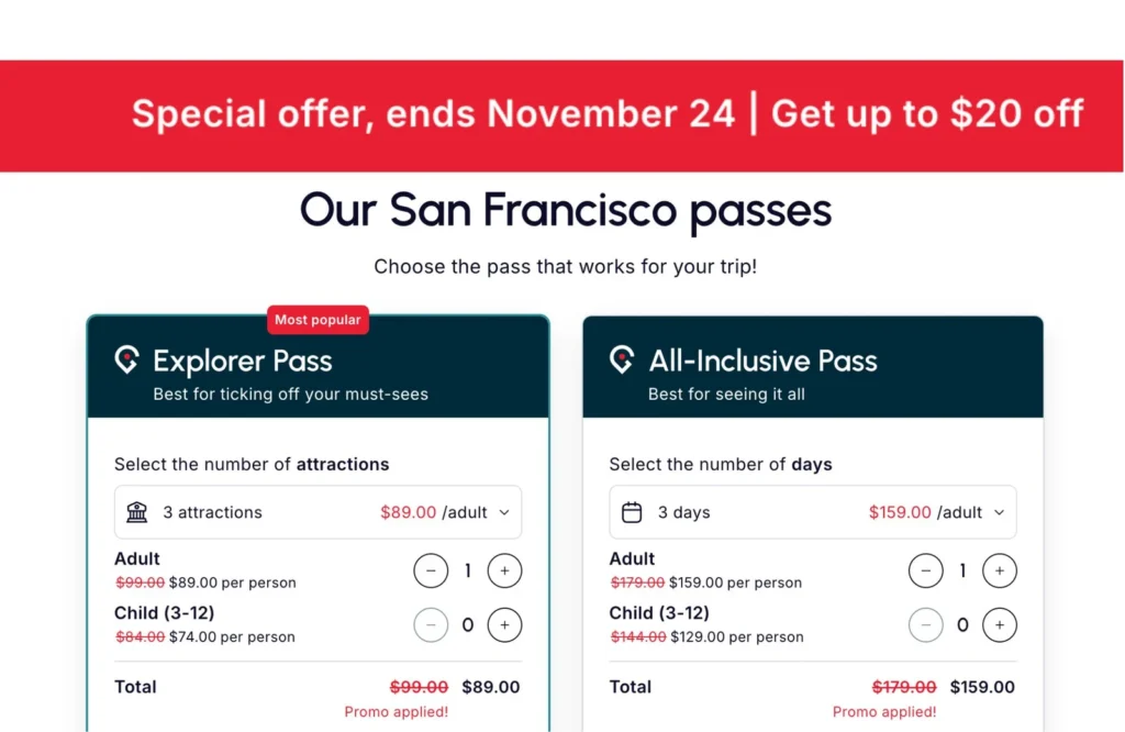A webpage showing pricing for San Francisco Explorer and All-Inclusive passes with a red banner announcing a special offer ending November 24.