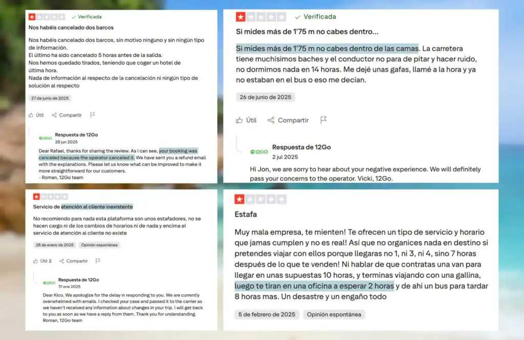 A collage of negative customer reviews for 12Go Asia, highlighting common complaints regarding service cancellations, poor customer support, and discrepancies in travel services, along with responses from the 12Go customer support team.