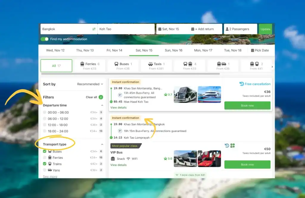 A screenshot of the 12Go Asia search results page for a trip from Bangkok to Koh Tao, showcasing various transport options with highlighted filters for departure time and transport type.