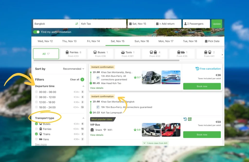 A web interface for booking travel from Bangkok to Koh Tao, displaying search results for buses, ferries, and trains with filters and booking options.
