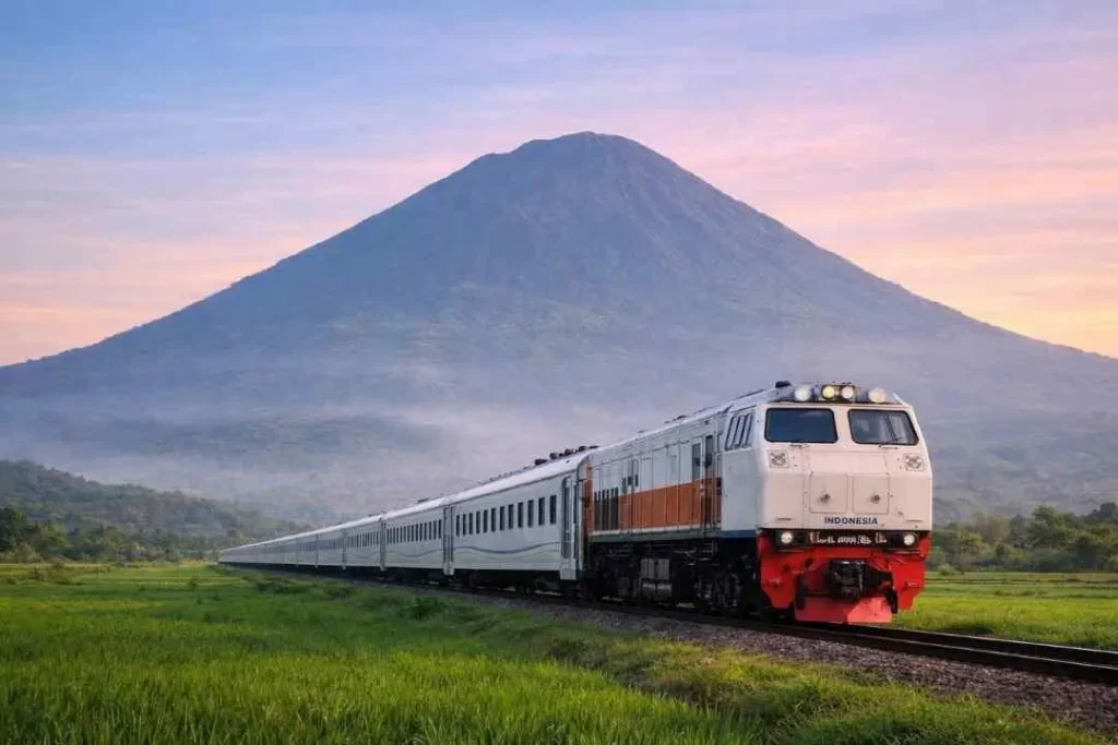 An Indonesian passenger train traveling along a track through lush green fields with a large majestic volcano rising in the background at sunrise.
