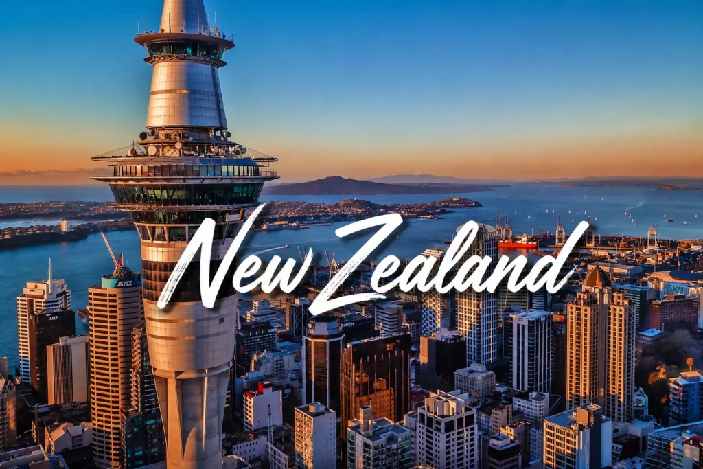 Aerial view of the iconic Sky Tower standing tall over the Auckland city skyline, with the harbor and distant islands visible during sunset.