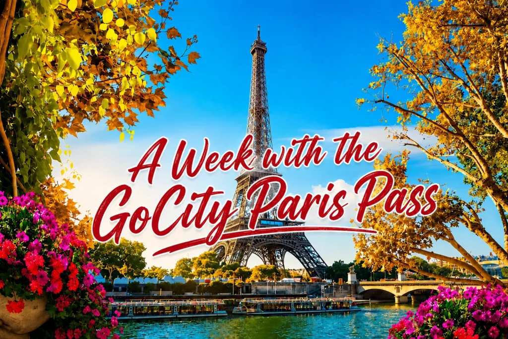 The Eiffel Tower seen across the Seine River, framed by autumn leaves and flowers, with text overlay reading "A Week with the Go City Paris Pass."