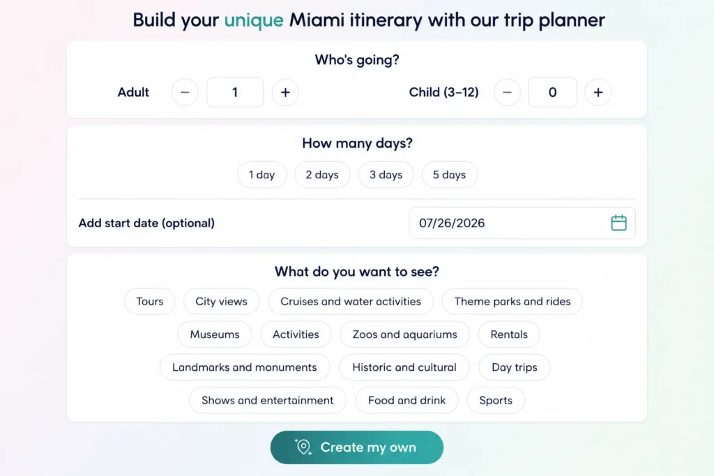 An interactive web form to build a unique Miami itinerary by selecting the number of travelers, trip duration, start date, and preferred activities.