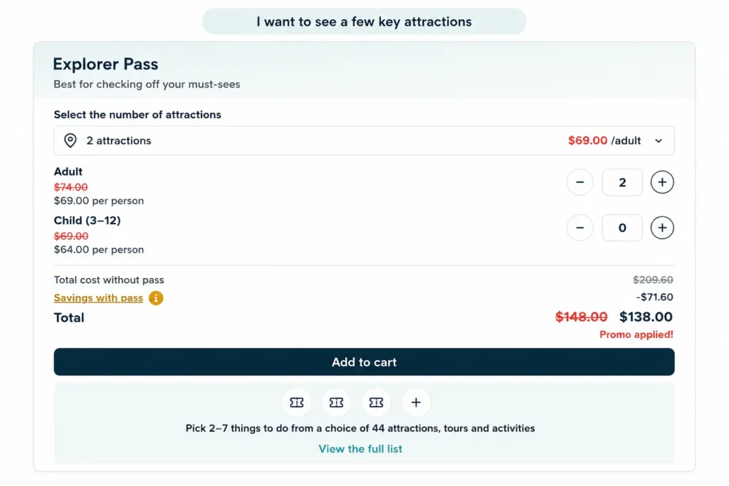 A pricing interface for the Explorer Pass, showing cost details for adults and children, potential savings, and an option to choose attractions.