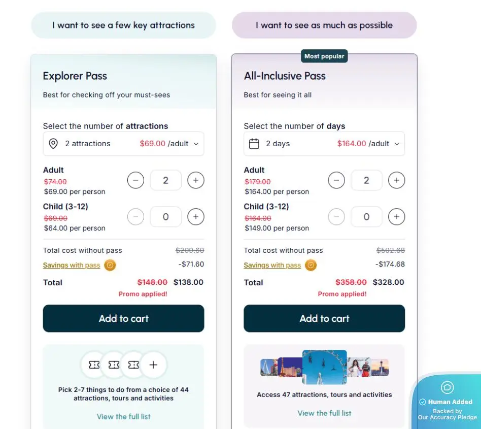 A pricing chart comparing Explorer and All-Inclusive tourist passes, detailing costs, potential savings, and the number of attractions or days for each.