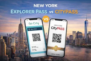 A comparison graphic featuring two smartphones displaying the New York Explorer Pass and New York CityPASS QR codes against a New York City skyline.