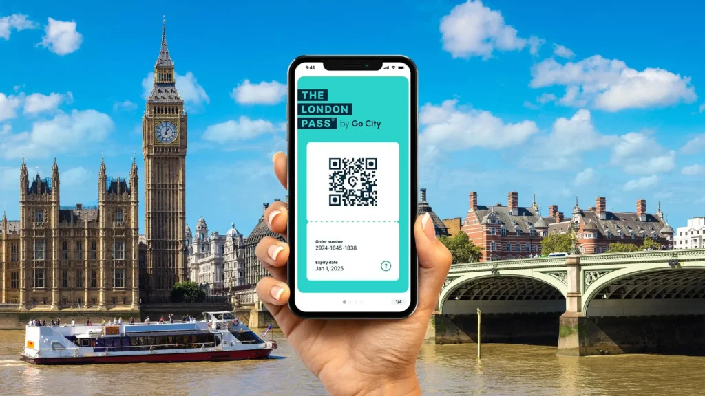 A hand holds a smartphone displaying The London Pass digital ticket with a QR code and order details, set against the backdrop of Big Ben.