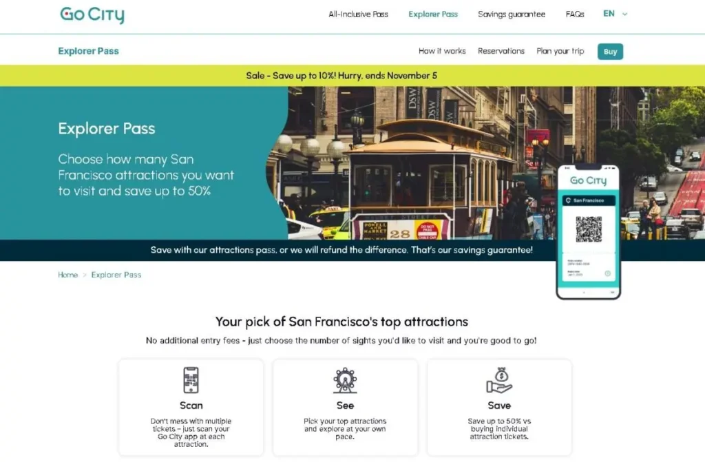 The Go City San Francisco Explorer Pass webpage showcasing savings, a savings guarantee, and a simple three-step process to scan, see, and save.