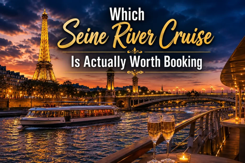 Evening Seine River cruise boat in Paris with illuminated Eiffel Tower in the background