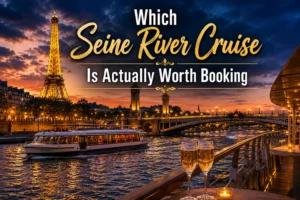 Evening Seine River cruise boat in Paris with illuminated Eiffel Tower in the background