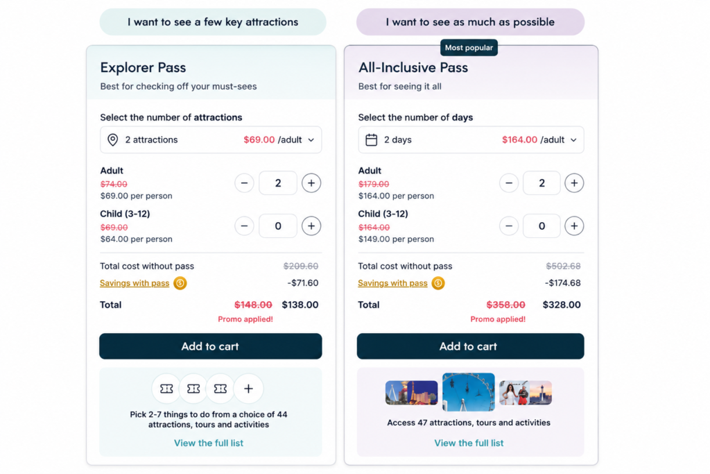 A pricing comparison chart for Explorer and All-Inclusive passes, showing adult costs, savings, and available attraction choices for each pass type