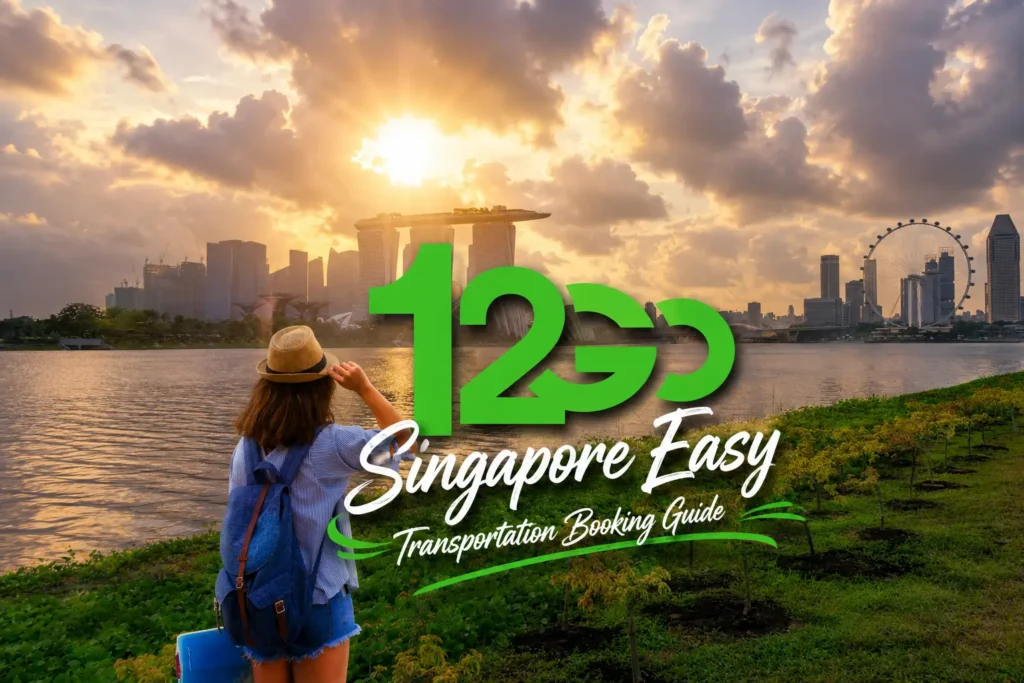 A traveler with a backpack looks at the Singapore skyline at sunset, overlaid with the 12Go logo and the text "Singapore Easy Transportation Booking Guide.