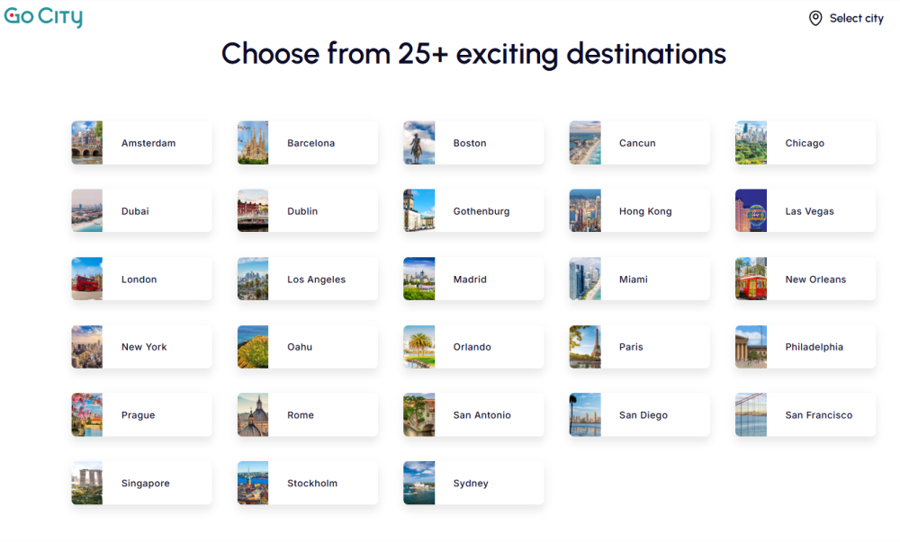 A grid display featuring over 25 travel destinations, each with a small icon and city name, to choose from on the Go City website.
