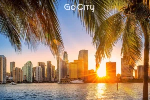 The Miami skyline at sunset framed by palm tree fronds in the foreground, with the Go City logo centered at the top.