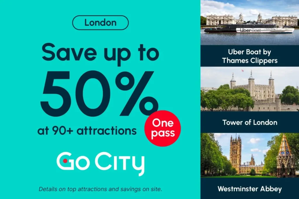 The Go City London pass offers up to 50% savings at over 90 attractions, including the Uber Boat, Tower of London, and Westminster Abbey.