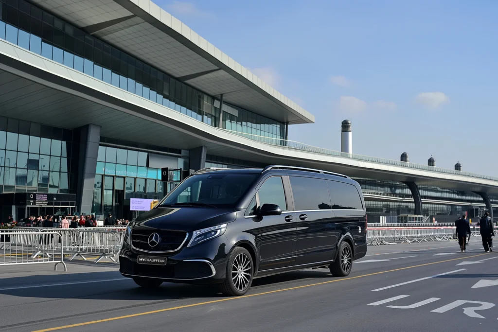 A black luxury Mercedes passenger van parked outside a modern airport terminal building for private transfer services