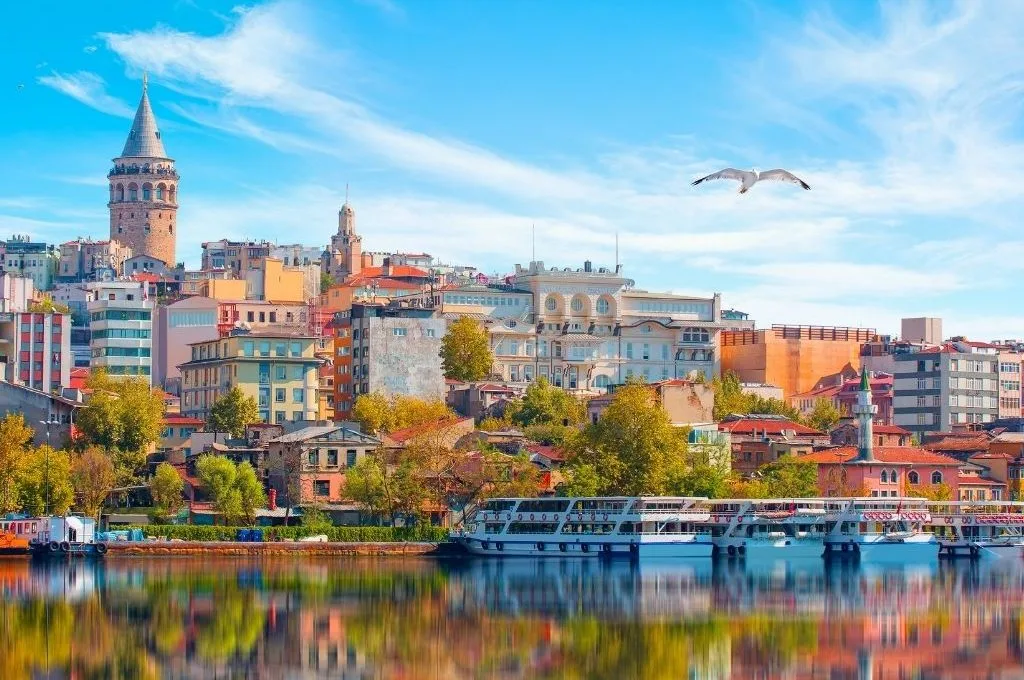 Scenic waterfront view of Istanbul featuring the Galata Tower, colorful buildings, docked boats, and a flying seagull under a blue sky.