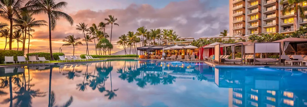 A stunning resort swimming pool reflecting palm trees and a vibrant sunset sky, with lounge chairs and cabanas along the deck next to a modern hotel building.